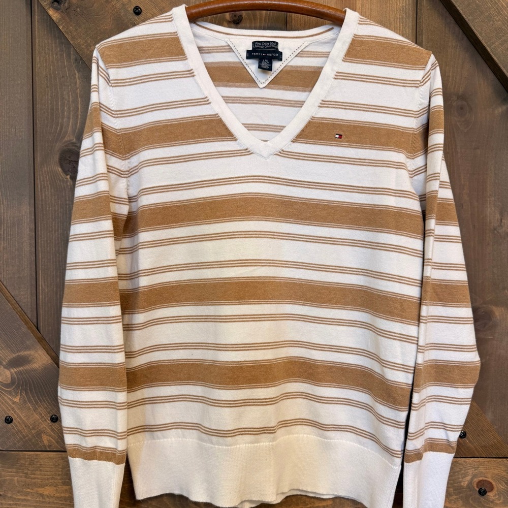 Tommy Hilfiger Sweater Womens L Tan White Striped Pima Cotton V-Neck Excellent